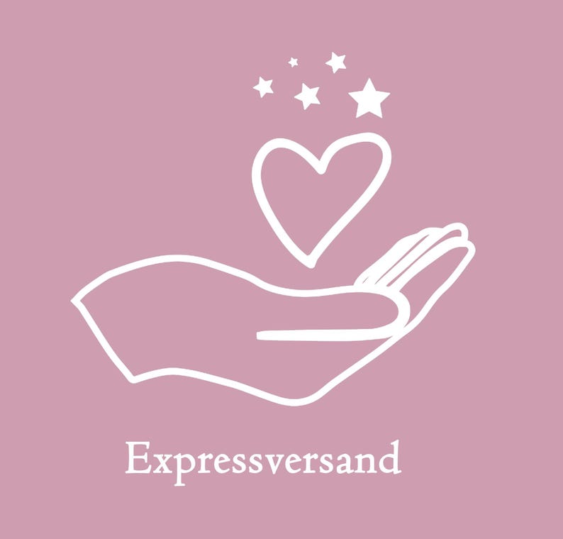K&ouml;nnte beinhalten: Eine wei&szlig;e Strichzeichnung auf mauvefarbenem Hintergrund. Das Bild zeigt eine Hand, die ein Herz umf&auml;ngt, mit Sternen dar&uuml;ber. Der Text "Expressversand" steht unten. Das Design ist einfach und vermittelt eine Botschaft der F&uuml;rsorge.