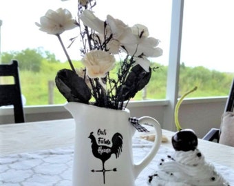 Wood Flower Arrangement, Farmhouse Creamer Vase, Flower Gift, Natural Flower Decor, Black And White Flower Decor