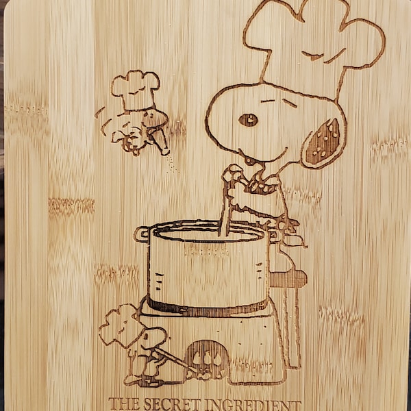 Snoopy cooking with Woodstock Peanuts inspired cutting board, Snoopy gift for your kitchen! The secret ingredient is always love..