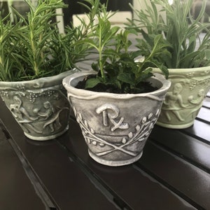 Può includere: Tre vasi in terracotta con piante verdi. I vasi sono decorati con disegni in rilievo. Il vaso al centro ha una finitura grigia e il testo "Rx" sul davanti. Gli altri due vasi sono verdi e hanno un disegno di persone.
