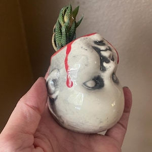 Mini upside down doll head planter.