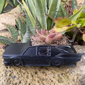 May include: A black car-shaped planter with a succulent plant growing inside. The planter is sitting on a rock surface.