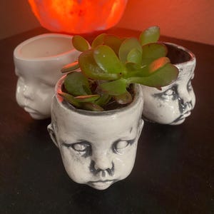 Small spooky baby doll head planter.