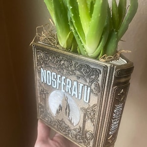 May include: A gold-colored book planter with an embossed design and the word "NOSFERATU" printed in white. The planter is filled with green succulent plants.