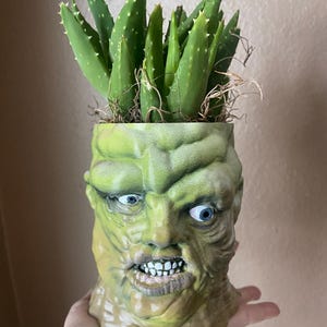 Pode incluir: Um vaso de cerâmica verde em forma de rosto de monstro com uma pequena planta suculenta crescendo no topo.