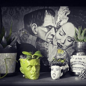 May include: A black and white illustration of Frankenstein's monster and his bride. The illustration is framed and hanging on a wall. There are three potted plants in front of the illustration, one with a green ceramic pot shaped like a monster's head, one with a white ceramic pot with a floral pattern, and one in a clear glass jar with a black and white Ouija board label.