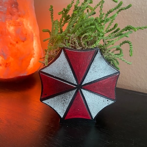 May include: A decorative planter with a red, white, and black umbrella logo design. The planter is filled with green plants. The planter is sitting on a black surface.