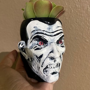 May include: A black and white ceramic planter shaped like a man's face with red eyes. The planter has a succulent plant growing out of the top.