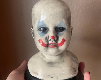 Creepy clown doll head curio statue ceramic