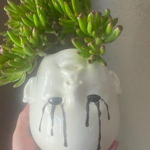 Creepy white crying upside down doll head flower pot