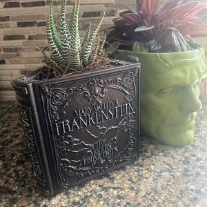 Maceta con forma de libro vintage de Frankenstein
