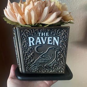 Puede incluir: Una maceta decorativa cuadrada con el texto "THE RAVEN" y una ilustración de un cuervo. Contiene flores artificiales de color melocotón. La maceta tiene un diseño oscuro y ornamentado y se asienta sobre una base negra.
