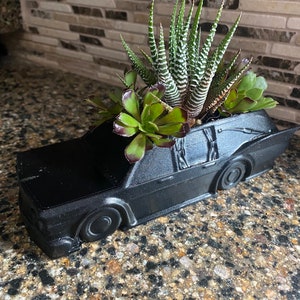 May include: A black car-shaped planter with a variety of succulents growing inside. The planter is made of a smooth, matte black material and has a realistic car design.
