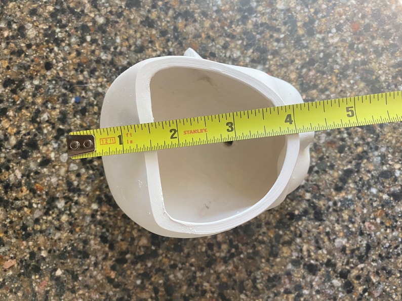 May include: A white ceramic skull-shaped planter with a 10 cm opening, measured with a yellow tape measure. The planter has a smooth surface and a small drainage hole. The skull has a detailed design.