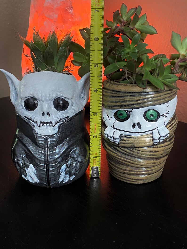K&ouml;nnte beinhalten: Zwei Halloween-Keramik-Pflanzgef&auml;&szlig;e, eines im Vampir-Design und das andere als Mumie. Der Vampir-Pflanztopf ist etwa 15 cm hoch, mit einem schwarzen Kragen. Der Mumien-Pflanztopf ist etwa 13 cm hoch. Beide enthalten gr&uuml;ne Sukkulenten.