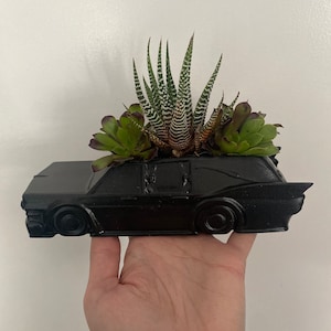 May include: A black car-shaped planter with a variety of succulents growing inside. The planter is made of ceramic and has a glossy finish.