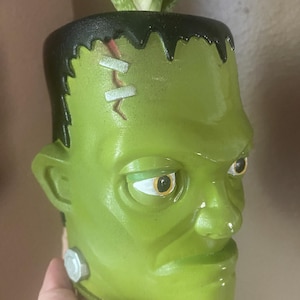 May include: A green Frankenstein-style plant pot with black hair and stitched details. The pot features a detailed face with yellow eyes and a neutral expression. A small succulent plant grows from the top.
