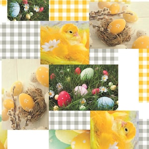 Könnte beinhalten: Eine Collage aus Ostern-Bildern mit gelben Küken, bunten Eiern und einem Nest mit einem gelben Ei. Die Bilder sind in einem Raster auf weißem Hintergrund angeordnet.