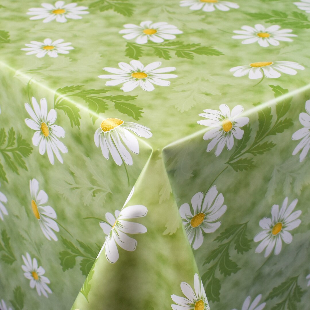 Tischläufer Mit Margeriten-Stickerei – Grün Mit Weißen Blüten, Ca. 40 Cm Rund (100% Polyester, Waschbar)