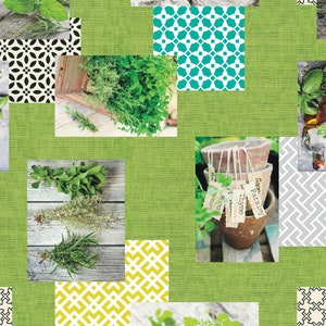Peut inclure: Un collage d'images mettant en scène des herbes fraîches, notamment du romarin, du thym, de la sauge et du persil. Les herbes sont présentées en pots, en bouquets et en pleine croissance dans un jardin. L'arrière-plan présente un tissu vert avec des motifs géométriques en noir, blanc, turquoise et jaune.