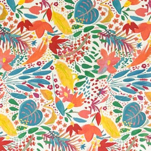 Könnte beinhalten: Ein farbenfrohes Blumenmuster mit roten, orangen, gelben, grünen, blauen und weißen Blumen und Blättern auf weißem Hintergrund.
