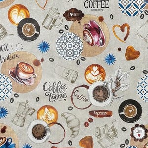 Könnte beinhalten: Ein beigefarbener Hintergrund mit Kaffeethema. Der Hintergrund ist mit Kaffeebohnen, Kaffeetassen, Kaffeekannen und kaffeebezogenem Text bedeckt. Der Text enthält "Coffee Time", "Coffee", "Espresso", "100% Arabica" und "I Love Coffee".
