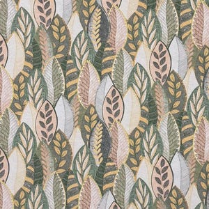 Puede incluir: Un patrón sin costuras que presenta una variedad de hojas en tonos de verde, marrón y rosa. Las hojas están dispuestas en un patrón repetitivo, creando un diseño visualmente atractivo y orgánico.