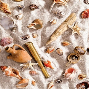 Può includere: Un telescopio in ottone, una brocca di terracotta e una bussola sono disposti su una superficie di sabbia bianca con conchiglie e stelle marine.