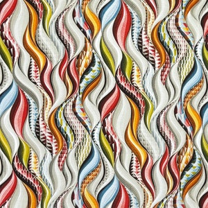 Peut inclure: Motif abstrait avec des lignes ondulées dans des tons de rouge, jaune, bleu, vert et marron sur un fond blanc.