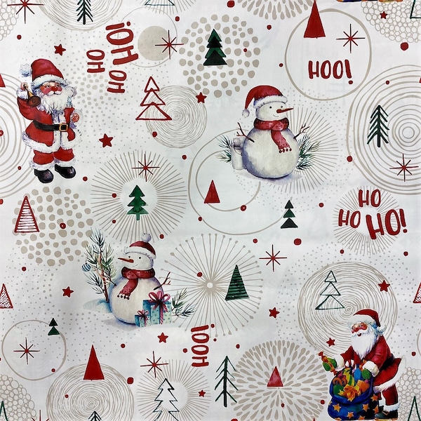 Nappe en toile cirée Noël Père Noël HO HO HO bonhomme de neige beige P1151-2 Taille au choix en carré rond ovale