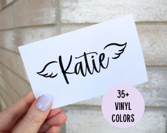 Angel Wing Name Decal, Personalized Memorial Decals for memory boxes, cars, mirrors, vases, lanterns, tumblers, water bottles, laptops