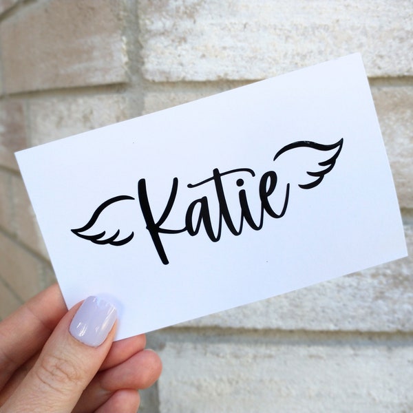 Angel Wing Name Decal, Personalized Memorial Decals for memory boxes, cars, mirrors, vases, lanterns, tumblers, water bottles, laptops