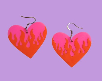 Heart on Fire Pink and Orange Statement Earrings - Laser Cut Acrylic