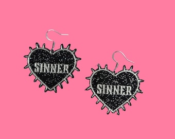 Sinner Black and Silver Spiked Heart Statement Earrings - Laser Cut Acrylic