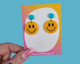Smiley Face Statement Earrings - Laser Cut Acrylic