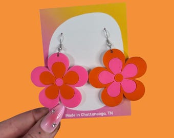 Retro Flower Orange and Pink Statement Earrings - Laser Cut Acrylic