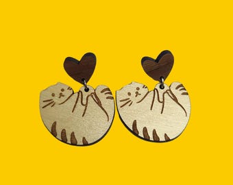 Hanging Love Cat Statement Earrings - Laser Cut Wood