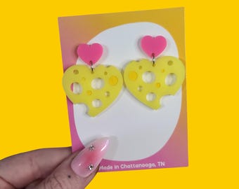 Cheese Love Heart Statement Earrings - Laser Cut Acrylic