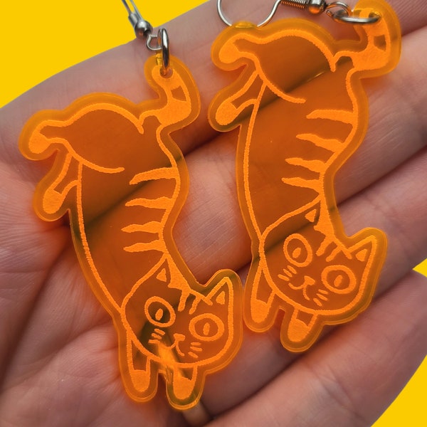 Neon Orange Hanging Cat - Laser Cut Earrings