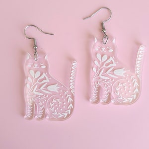 Clear Acrylic Kitty Folk Earrings - Laser Cut, Engraved, Cat