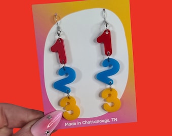 1,2,3 Math Numbers Teacher Statement Earrings - Laser Cut Acrylic