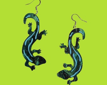 Lizard Gecko Green Statement Earrings - Laser Cut Acrylic
