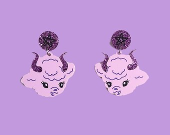 Devil Kitsch Lamb Lavender Kawaii Statement Earrings - Laser Cut Acrylic