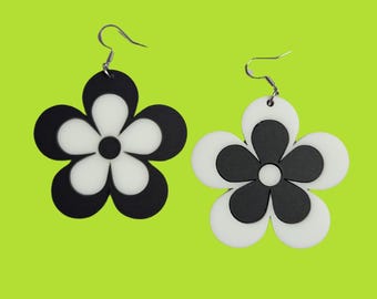 Retro Flower Black and White Statement Earrings - Laser Cut Acrylic