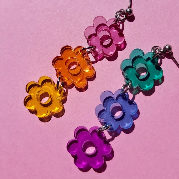 Triple Pride Rainbow Flower Statement Earrings - Laser Cut Acrylic