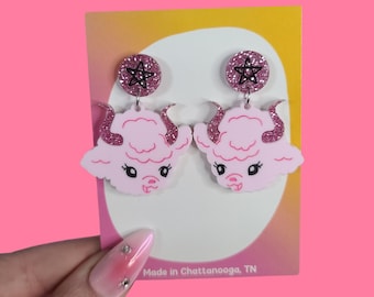Devil Kitsch Lamb Pink Kawaii Statement Earrings - Laser Cut Acrylic