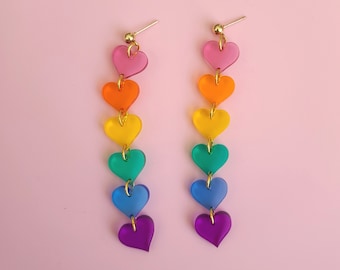 Rainbow Pride Heart Hanging Statement Earrings - Laser Cut Acrylic