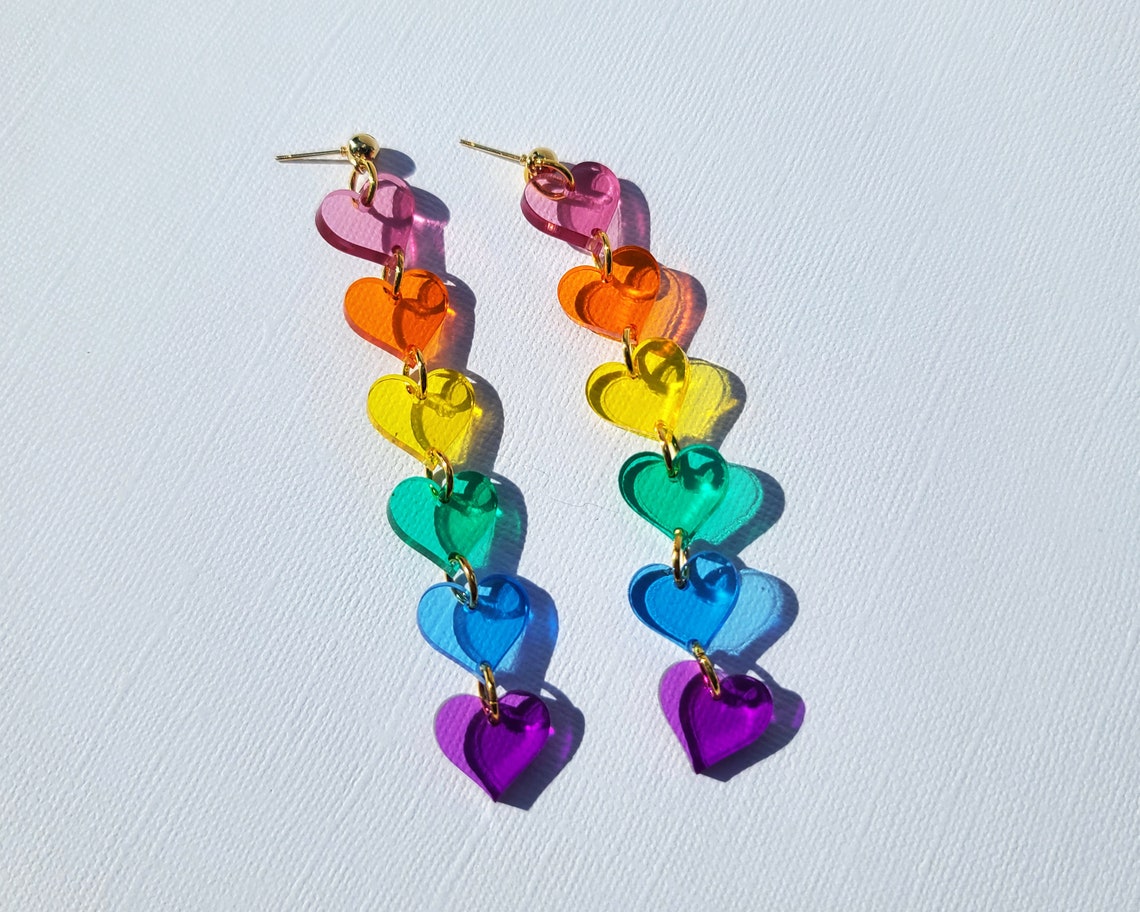 Rainbow Pride Heart Hanging Statement Earrings Laser Cut | Etsy