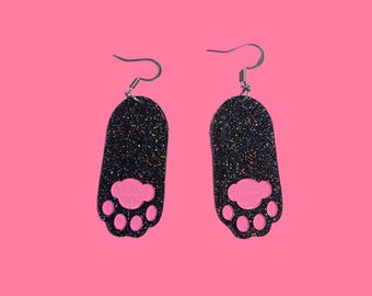 Cat Paw Black Kitty Statement Earrings - Laser Cut Acrylic