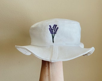 Lavender Embroidery Upcycled Denim Bucket Hat